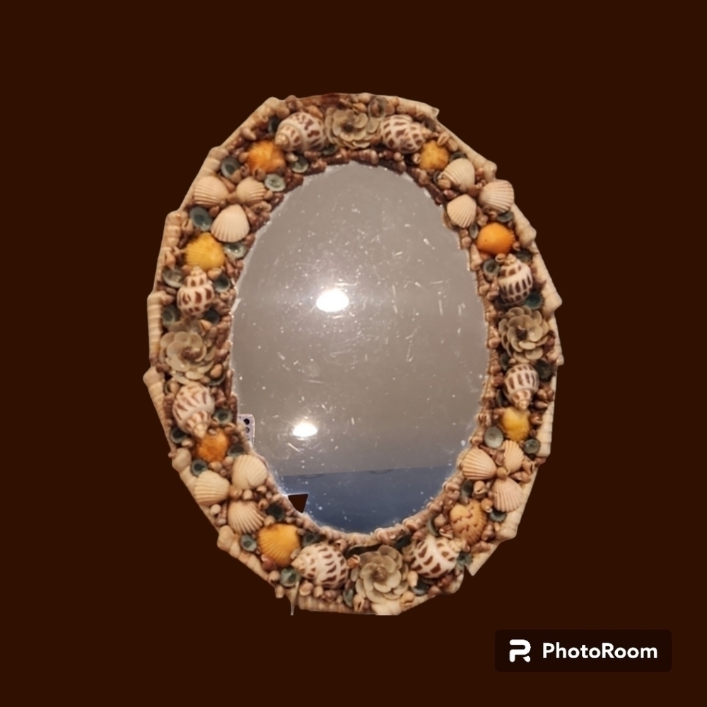 1970s handmade seashell oval mirror coastal beach